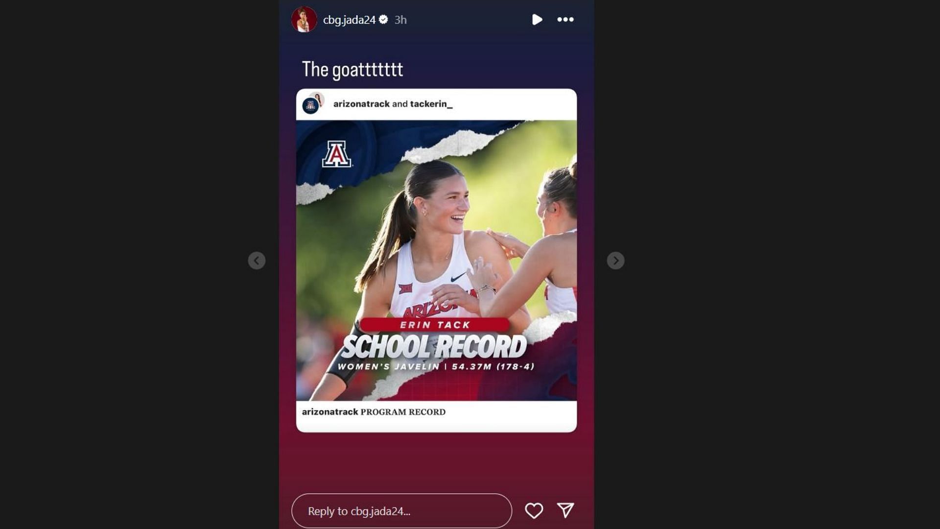 Iowa State’s Jada Williams drops 2-word reaction to hype up Arizona star Erin Tack’s impressive program record. IG/@cbg.jada24